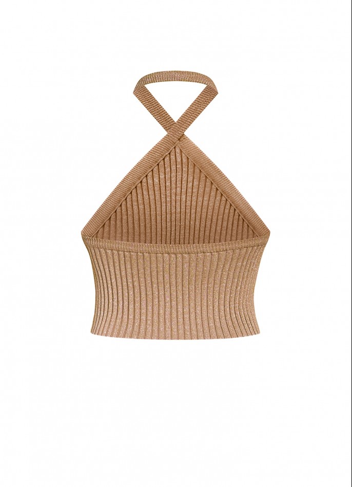 RIBBED KNIT HALTERNECK CROP TOP - GOLD